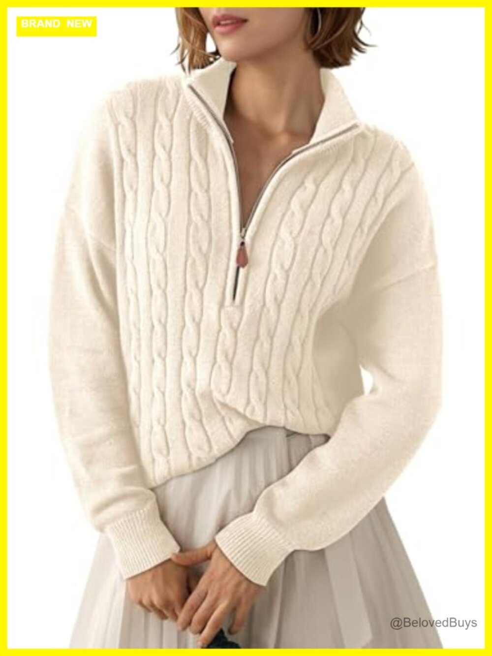 Women's Quarter Zip Ribbed Cable Knit Sweater Pullover V-Neck Relaxed Fit